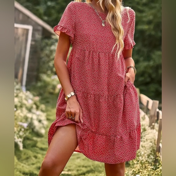 WOMENS | SHORT SLEEVE RUFFLE POLKA DOT CREW NECK MIDI SUMMER DRESS - Picture 5 of 5